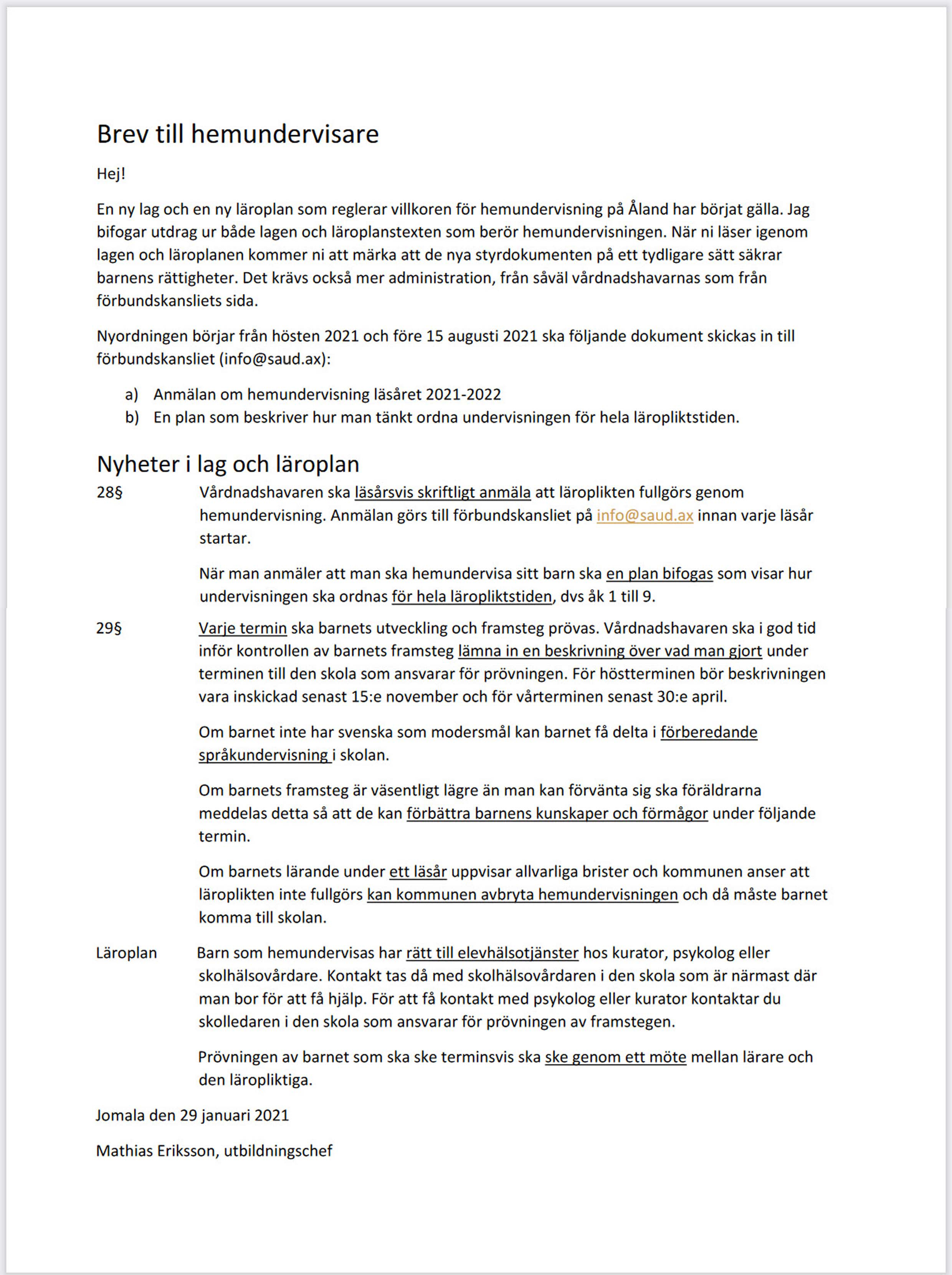 Brev till hemundervisare